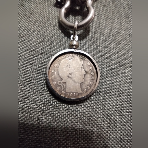 1916 Silver US Barber Half Dollar Coin in Bezel Pendant on Silver Tone Chain - Picture 2 of 3
